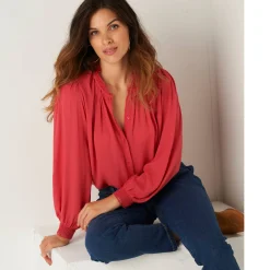 Bloes En Tuniek<Blancheporte Effen bloes in crepon, kraag met stroken en macramé kersenrood