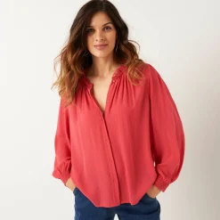 Bloes En Tuniek<Blancheporte Effen bloes in crepon, kraag met stroken en macramé kersenrood