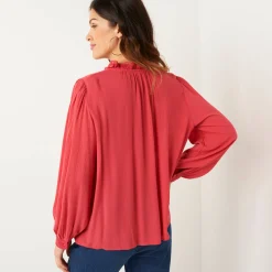 Bloes En Tuniek<Blancheporte Effen bloes in crepon, kraag met stroken en macramé kersenrood