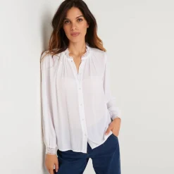 Bloes En Tuniek<Blancheporte Effen bloes in crepon, kraag met stroken en macramé gebroken wit
