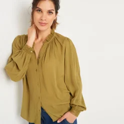 Bloes En Tuniek<Blancheporte Effen bloes in crepon, kraag met stroken en macramé olijfgroen