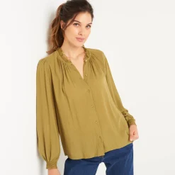 Bloes En Tuniek<Blancheporte Effen bloes in crepon, kraag met stroken en macramé olijfgroen