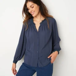 Bloes En Tuniek<Blancheporte Effen bloes in crepon, kraag met stroken en macramé marine