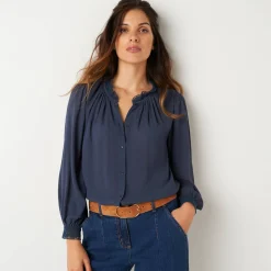 Bloes En Tuniek<Blancheporte Effen bloes in crepon, kraag met stroken en macramé marine