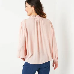 Bloes En Tuniek<Blancheporte Effen bloes in crepon, kraag met stroken en macramé poederroze