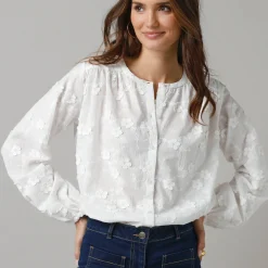 Feestoutfits Dames|Bloes En Tuniek<Lora Zellini Effen bloes met 3D-borduursels wit