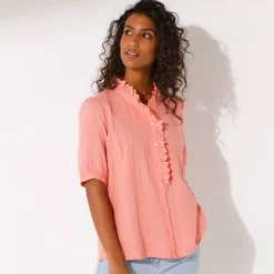 Bloes En Tuniek<Blancheporte Effen bloes met knoopsluiting en geborduurde details, in katoengaas koraal