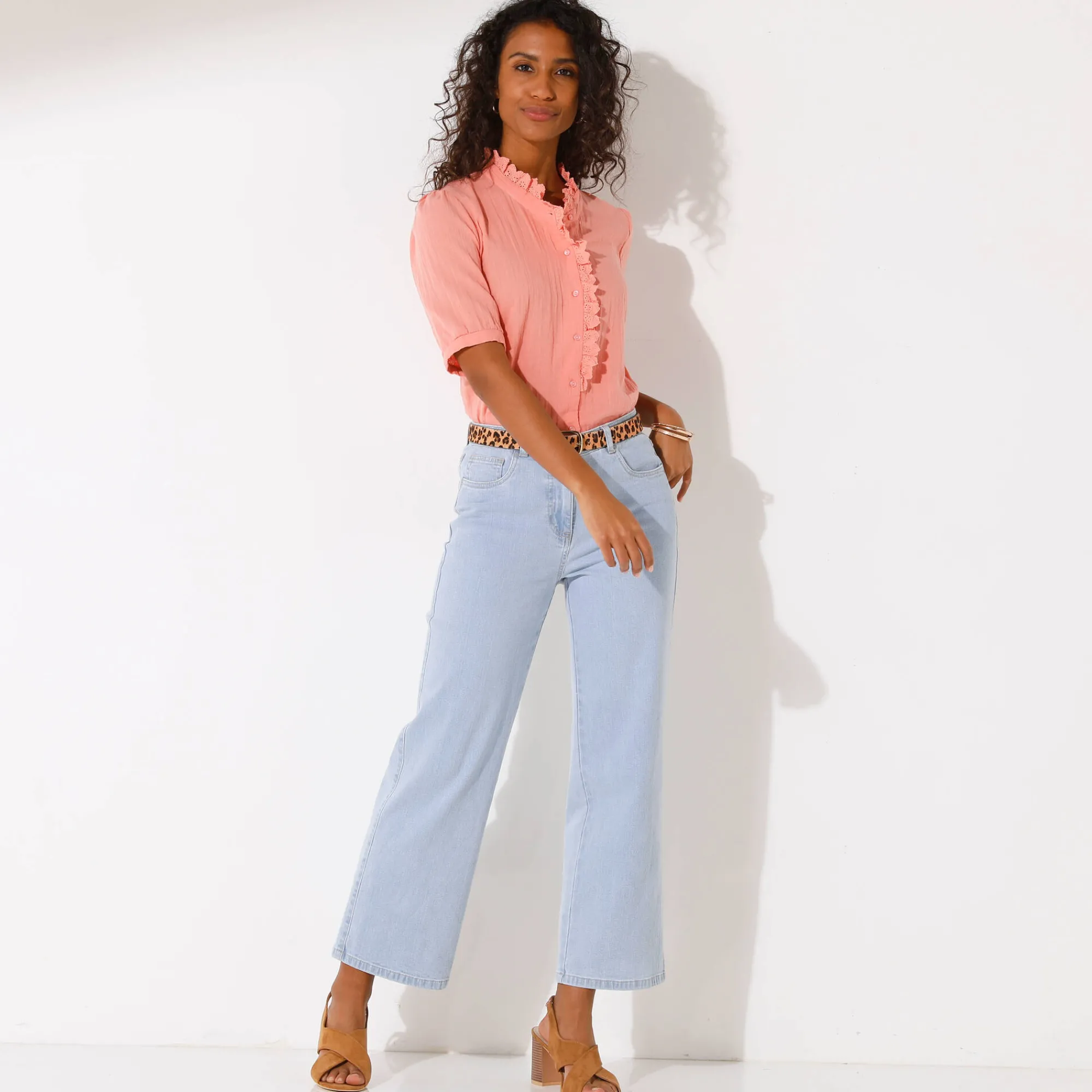Bloes En Tuniek<Blancheporte Effen bloes met knoopsluiting en geborduurde details, in katoengaas koraal