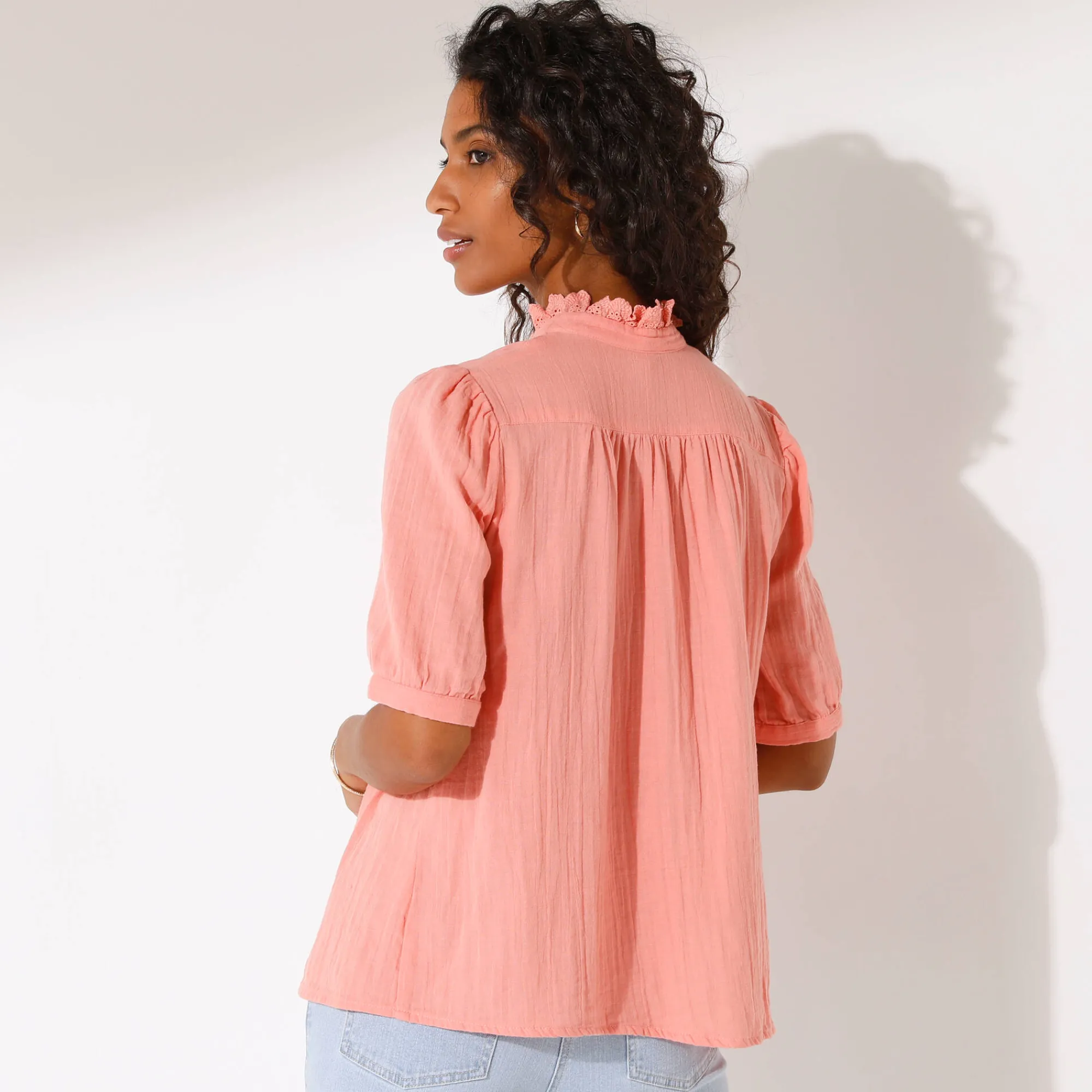 Bloes En Tuniek<Blancheporte Effen bloes met knoopsluiting en geborduurde details, in katoengaas koraal