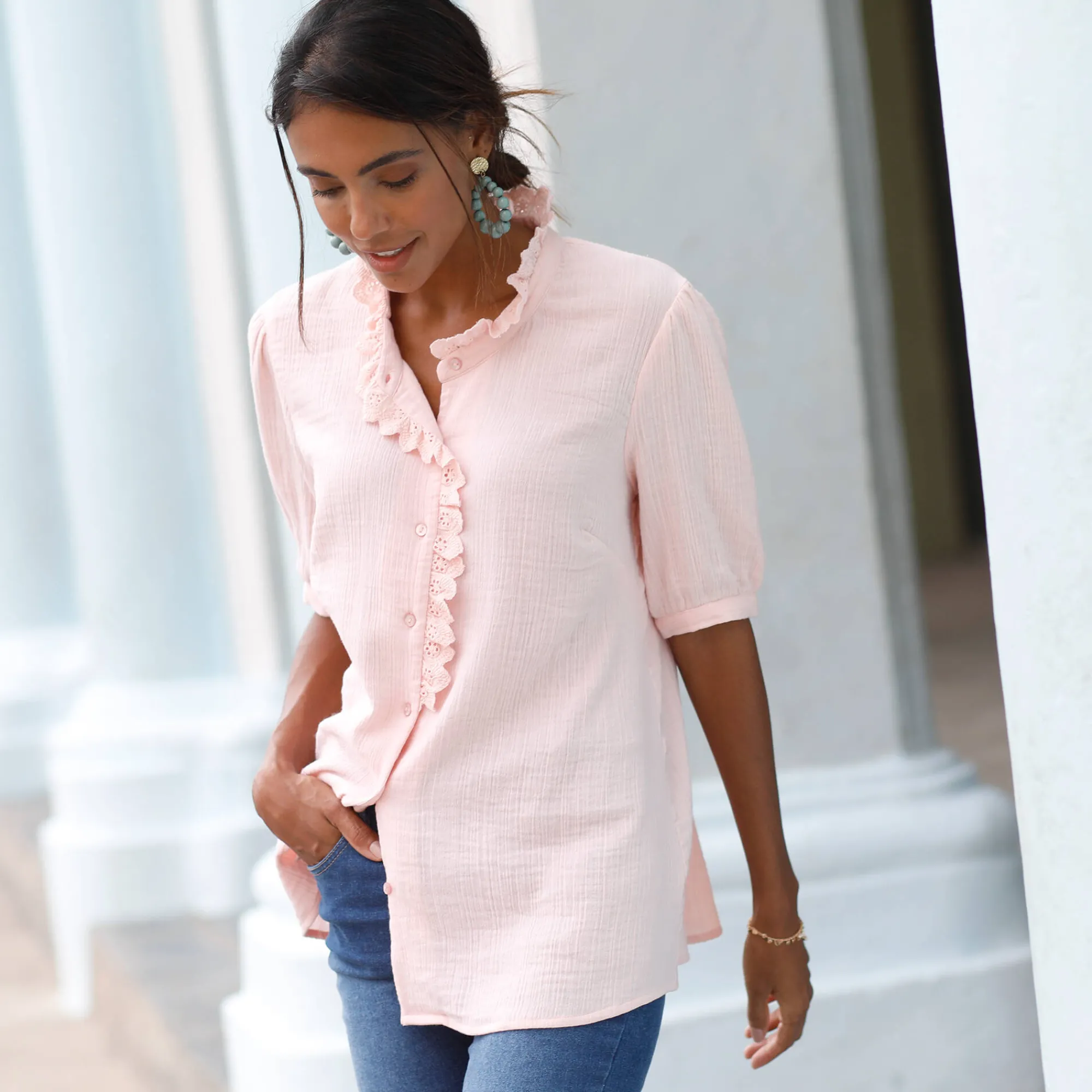 Bloes En Tuniek<Blancheporte Effen bloes met knoopsluiting en geborduurde details, in katoengaas grijsroze