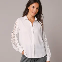Feestoutfits Dames|Bloes En Tuniek<Blancheporte Effen bloes met knopen en kant gebroken wit