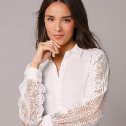 Feestoutfits Dames|Bloes En Tuniek<Blancheporte Effen bloes met knopen en kant gebroken wit