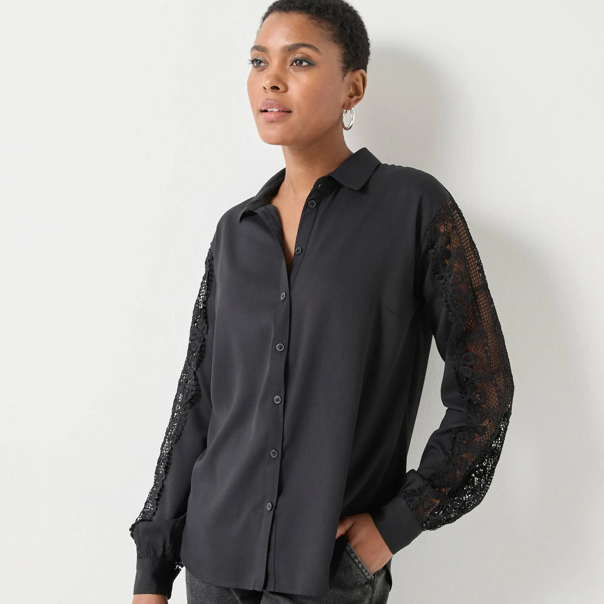 Feestoutfits Dames|Bloes En Tuniek<Blancheporte Effen bloes met knopen en kant zwart