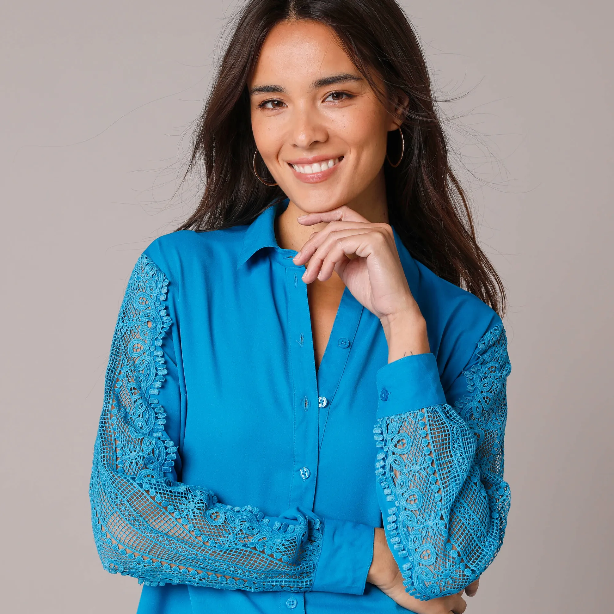 Bloes En Tuniek<Blancheporte Effen bloes met knopen en kant blauw
