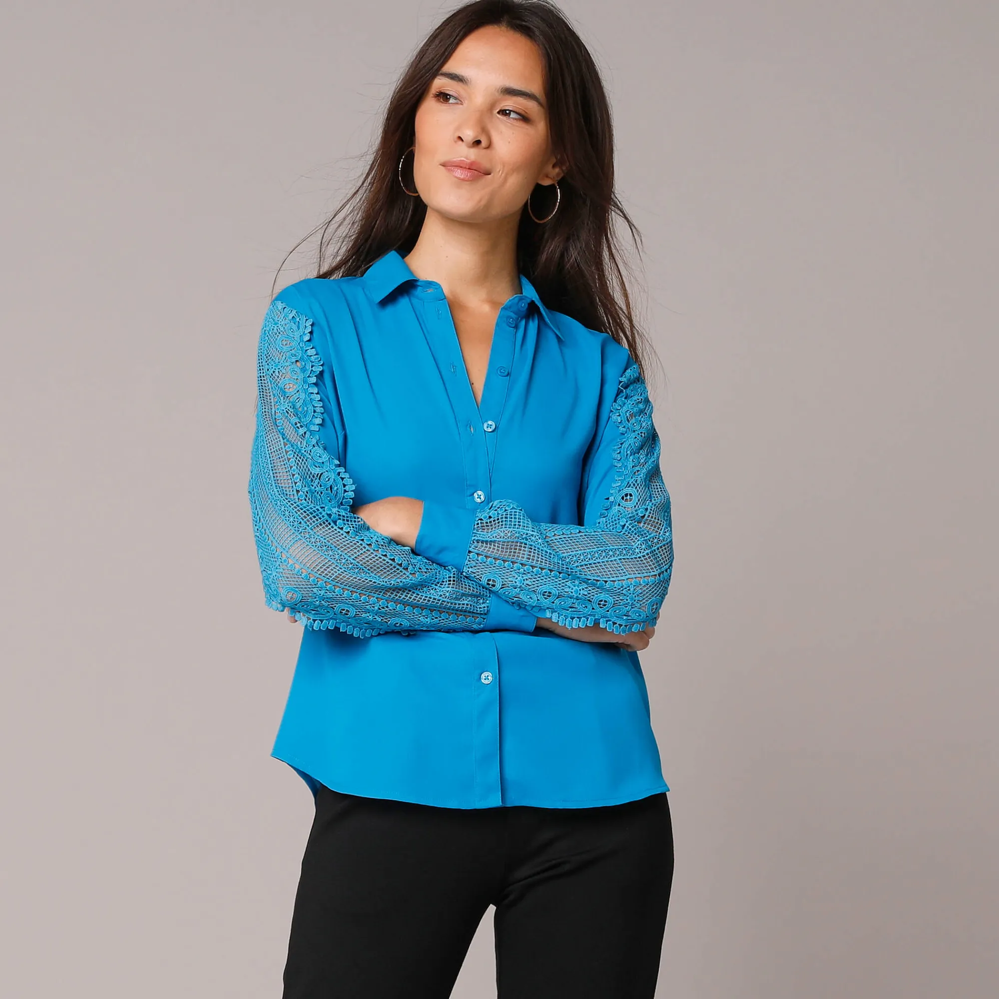Bloes En Tuniek<Blancheporte Effen bloes met knopen en kant blauw