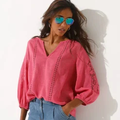 Bloes En Tuniek<Blancheporte Effen bloes met macramé, geborduurde mouwen roze