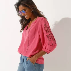 Bloes En Tuniek<Blancheporte Effen bloes met macramé, geborduurde mouwen roze