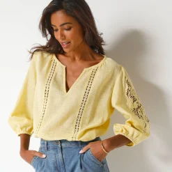 Bloes En Tuniek<Blancheporte Effen bloes met macramé, geborduurde mouwen geel