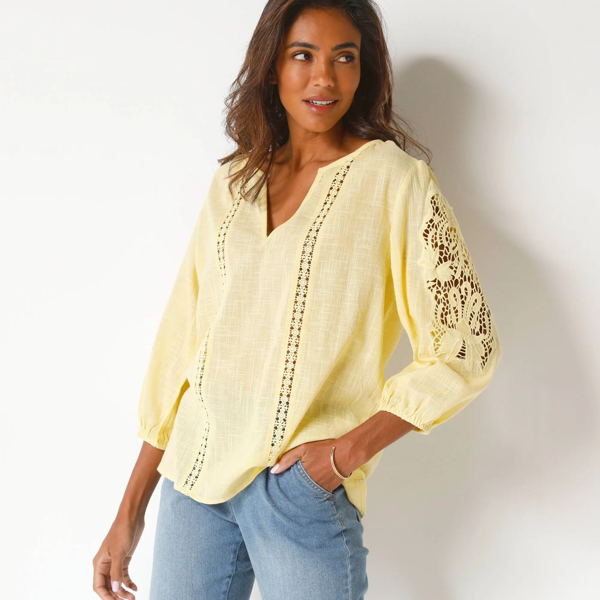 Bloes En Tuniek<Blancheporte Effen bloes met macramé, geborduurde mouwen geel