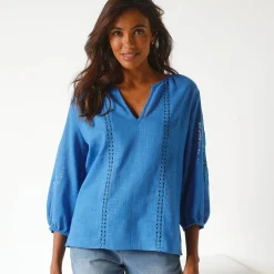 Bloes En Tuniek<Blancheporte Effen bloes met macramé, geborduurde mouwen blauw