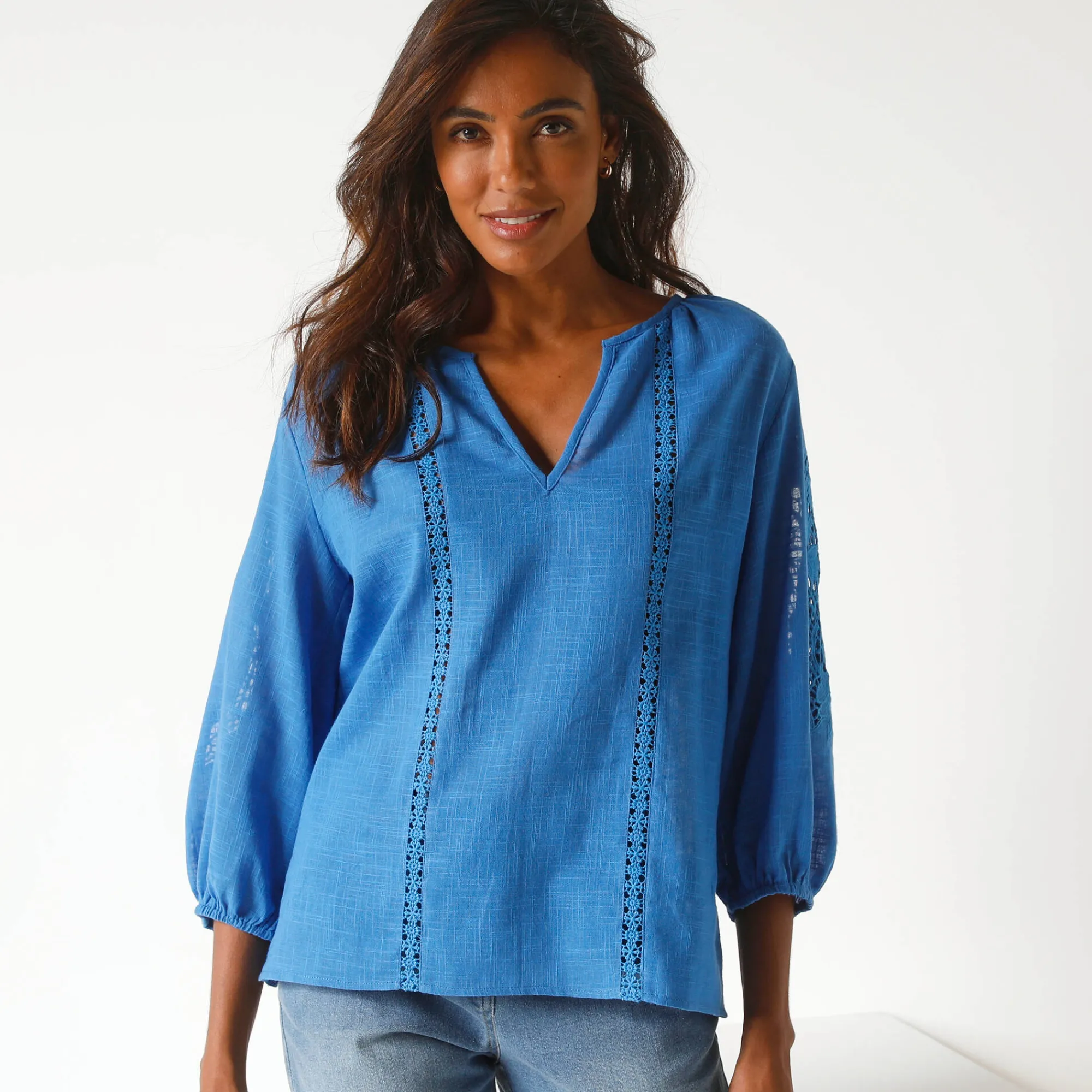 Bloes En Tuniek<Blancheporte Effen bloes met macramé, geborduurde mouwen blauw