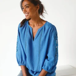 Bloes En Tuniek<Blancheporte Effen bloes met macramé, geborduurde mouwen blauw