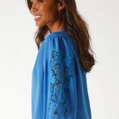 Bloes En Tuniek<Blancheporte Effen bloes met macramé, geborduurde mouwen blauw