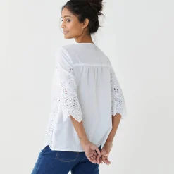 Jurk|Bloes En Tuniek<Blancheporte Effen bloes met 3/4-mouwen, broderie anglaise wit
