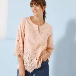 Bloes En Tuniek<Blancheporte Effen bloes met 3/4-mouwen, broderie anglaise poederroze