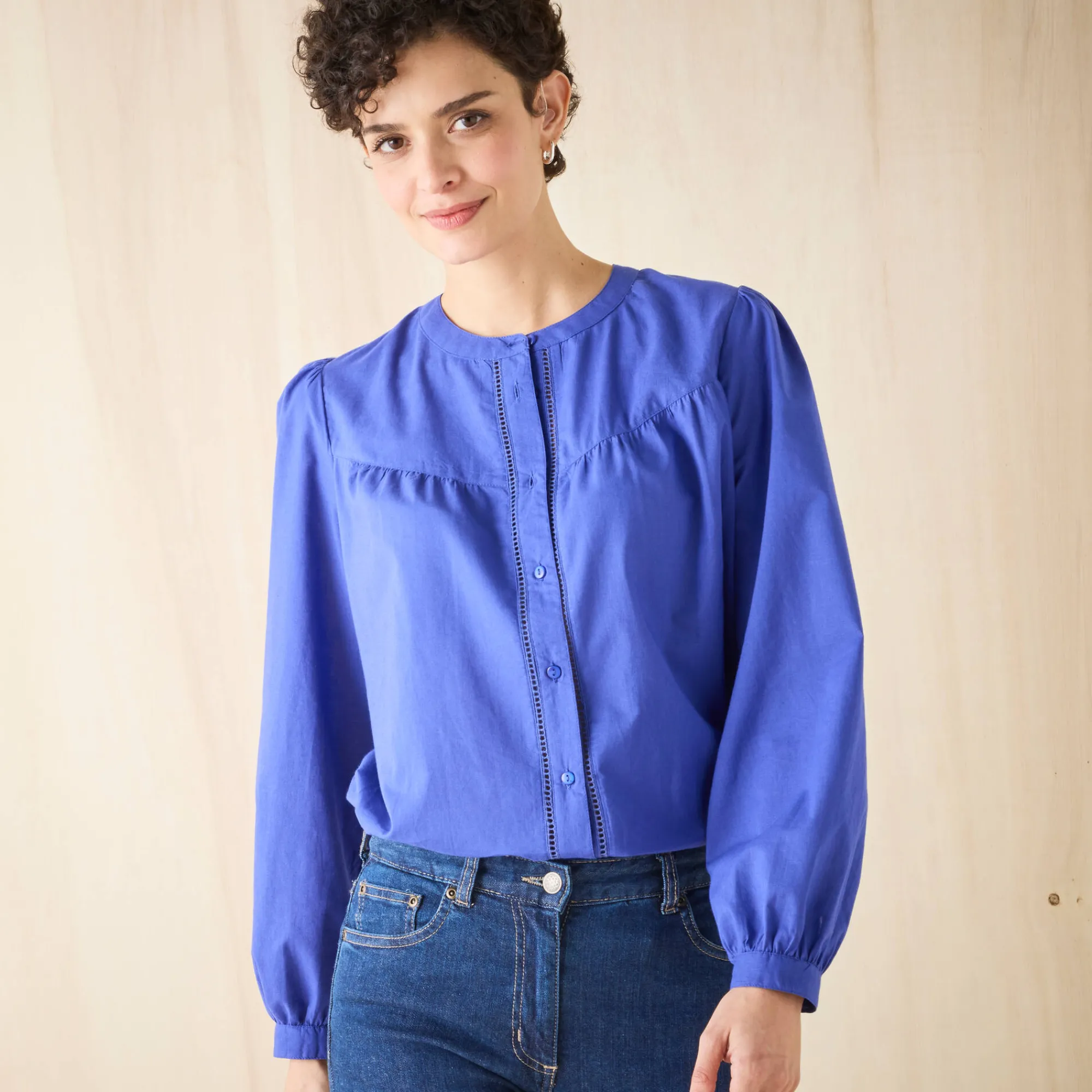 Bloes En Tuniek<Blancheporte Effen bloes met ronde hals, details in ladderajour felblauw