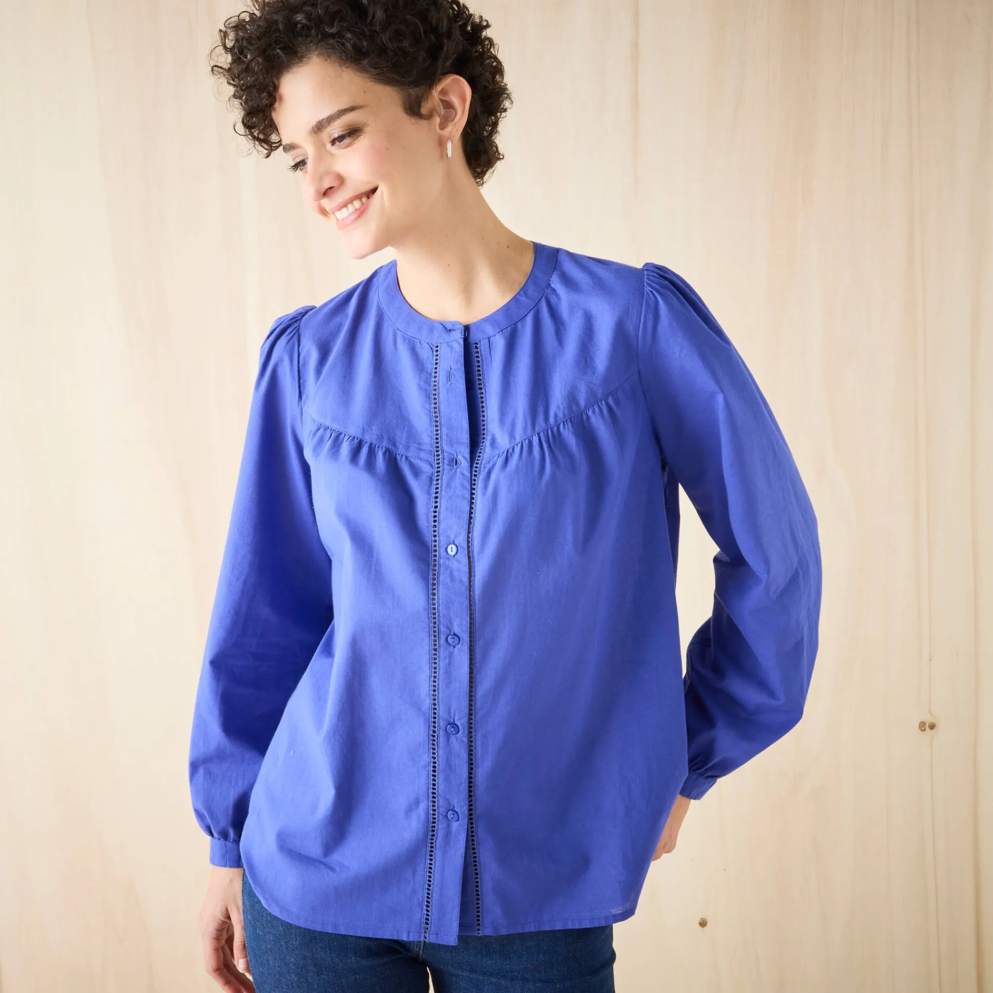Bloes En Tuniek<Blancheporte Effen bloes met ronde hals, details in ladderajour felblauw