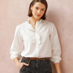 Bloes En Tuniek<Blancheporte Effen bloes met stroken aan de hals ecru