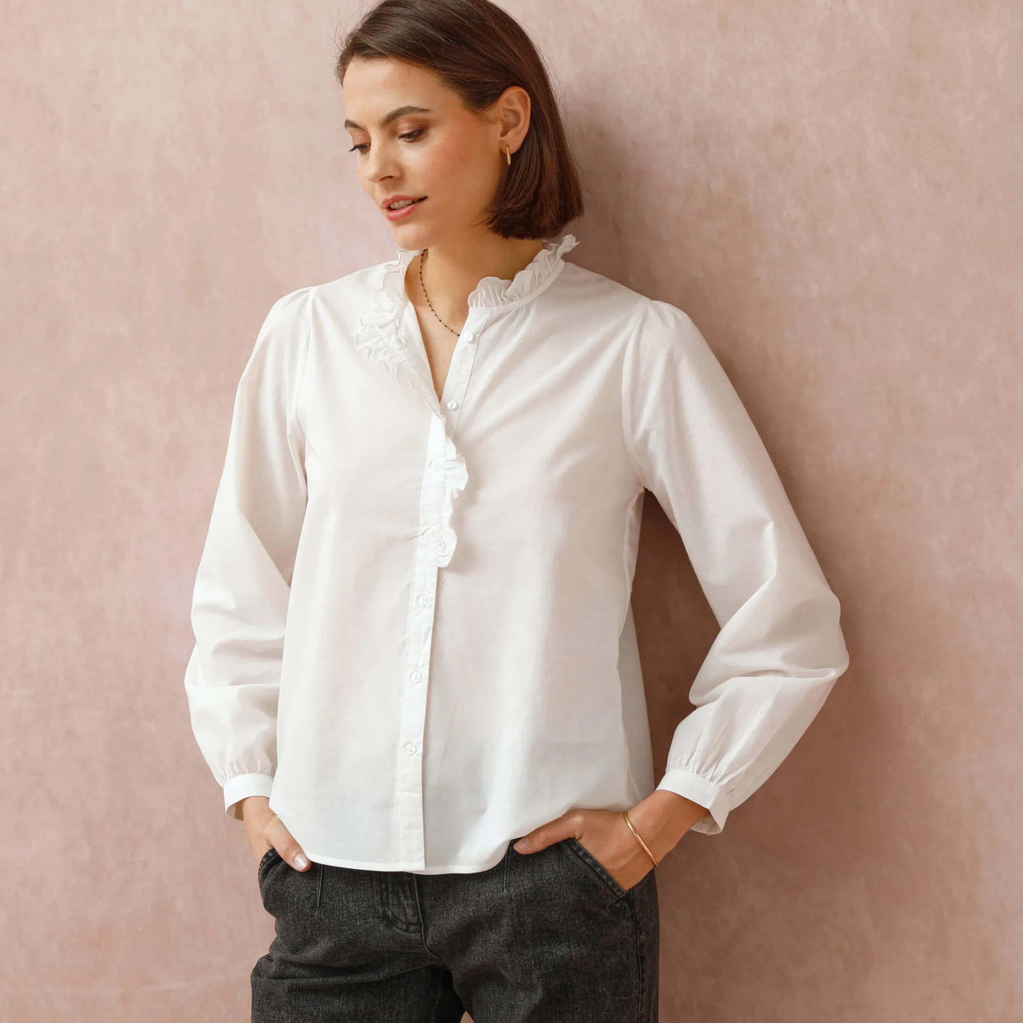 Bloes En Tuniek<Blancheporte Effen bloes met stroken aan de hals ecru