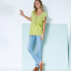 Bloes En Tuniek<Blancheporte Effen bloes met V-hals en knoopsluiting, broderie anglaise anijs