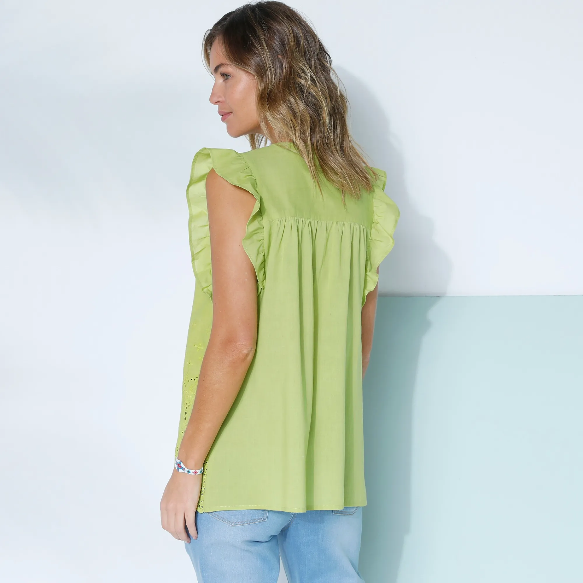 Bloes En Tuniek<Blancheporte Effen bloes met V-hals en knoopsluiting, broderie anglaise anijs