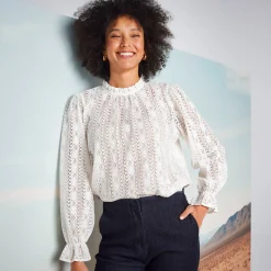 Feestoutfits Dames|Bloes En Tuniek<Blancheporte Effen bloes met Victoriaanse kraag, kant ecru