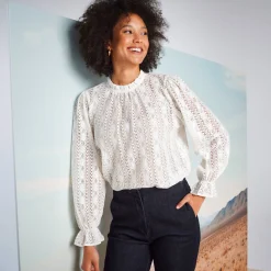 Feestoutfits Dames|Bloes En Tuniek<Blancheporte Effen bloes met Victoriaanse kraag, kant ecru