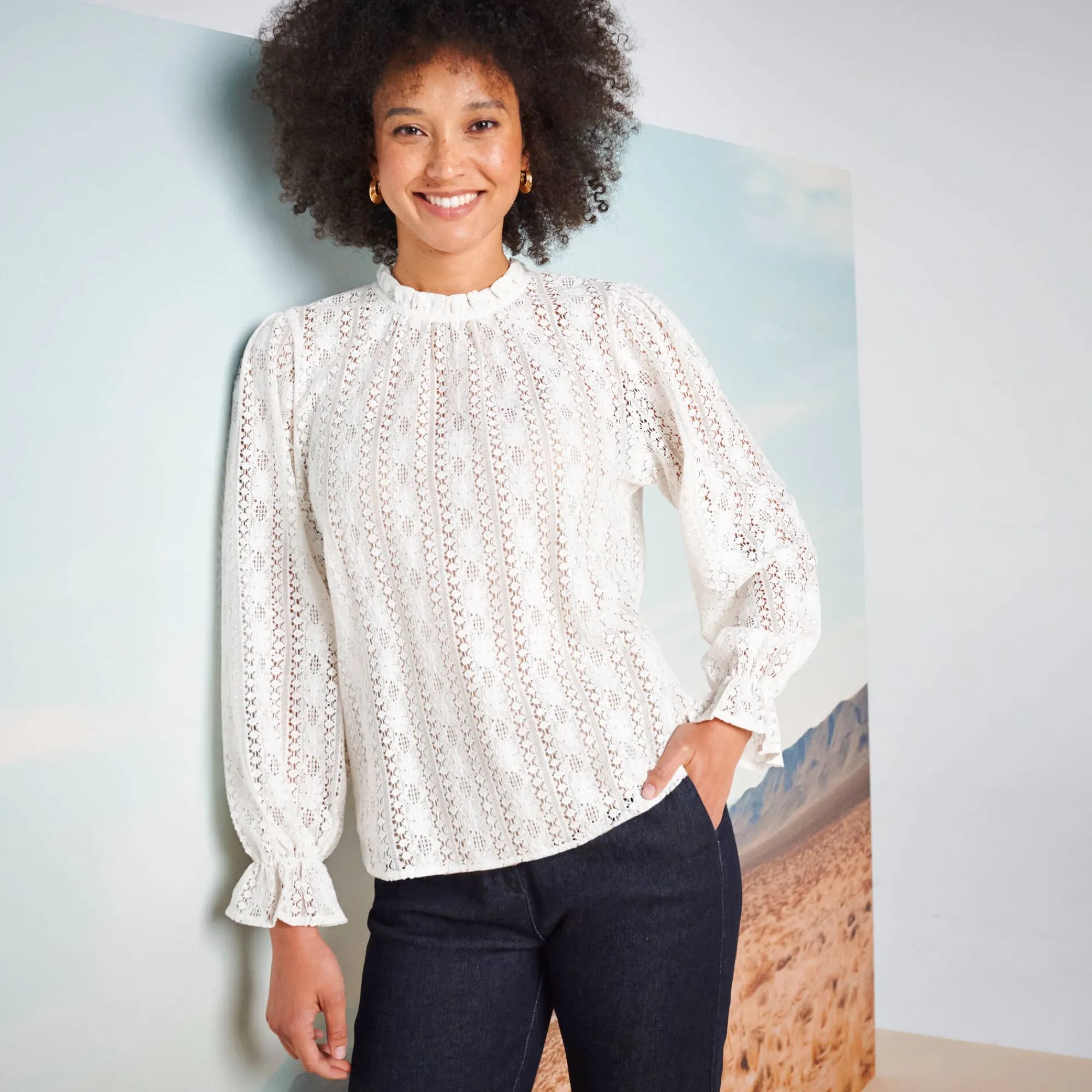 Feestoutfits Dames|Bloes En Tuniek<Blancheporte Effen bloes met Victoriaanse kraag, kant ecru