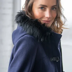 Jas En Mantel<Blancheporte Effen duffelcoat met kap in nepbont marine