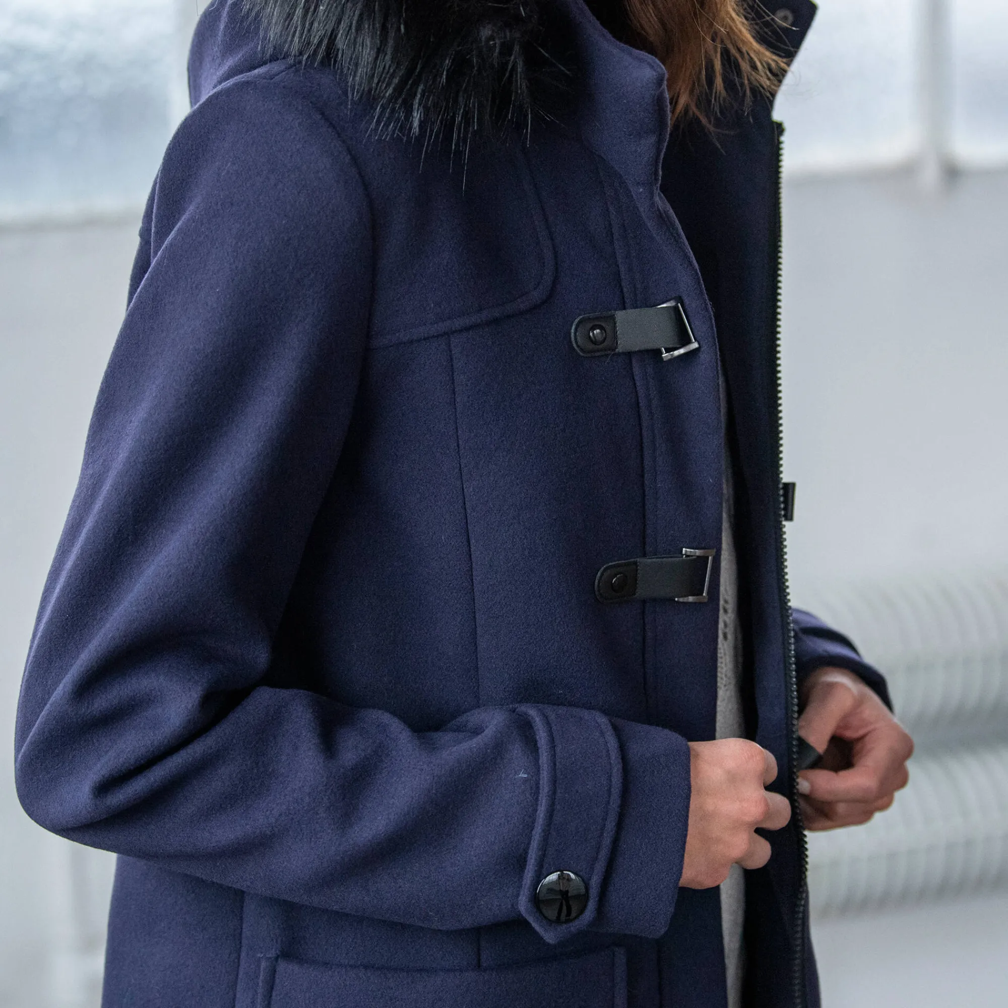 Jas En Mantel<Blancheporte Effen duffelcoat met kap in nepbont marine