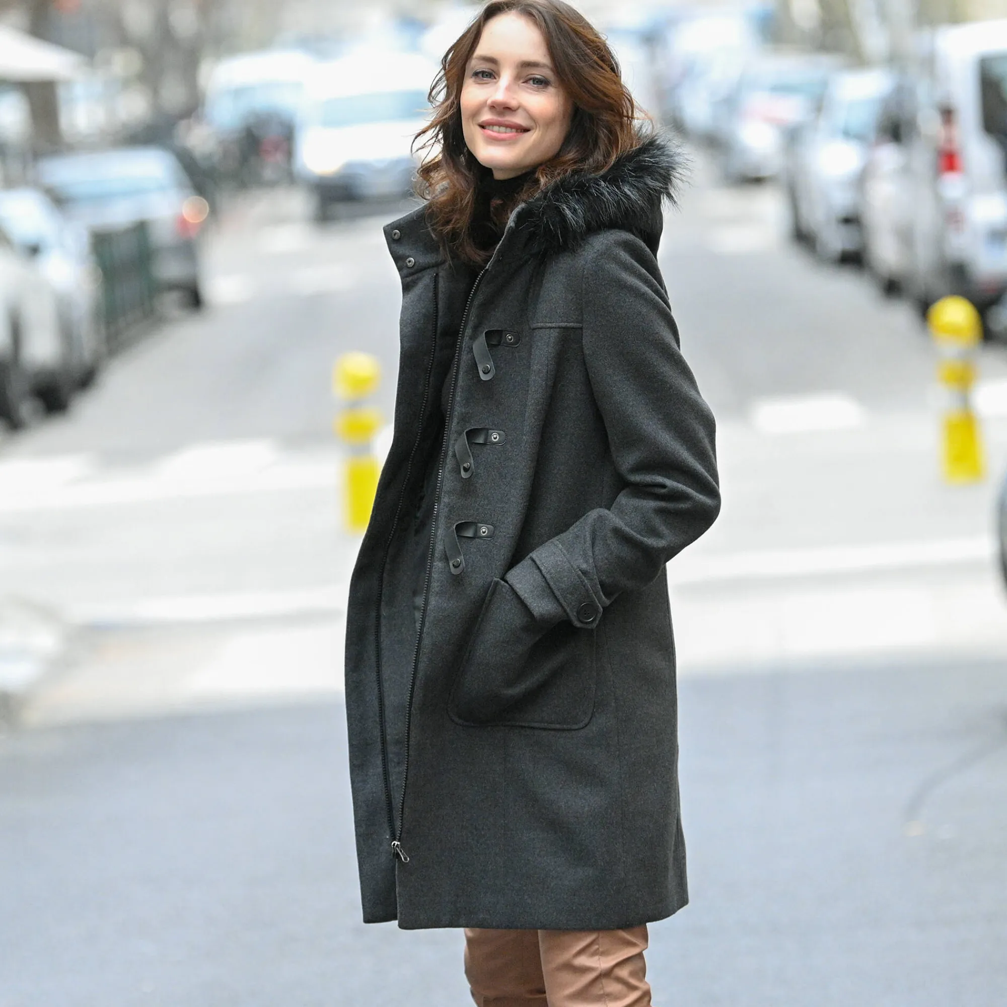 Jas En Mantel<Blancheporte Effen duffelcoat met kap in nepbont chiné antraciet