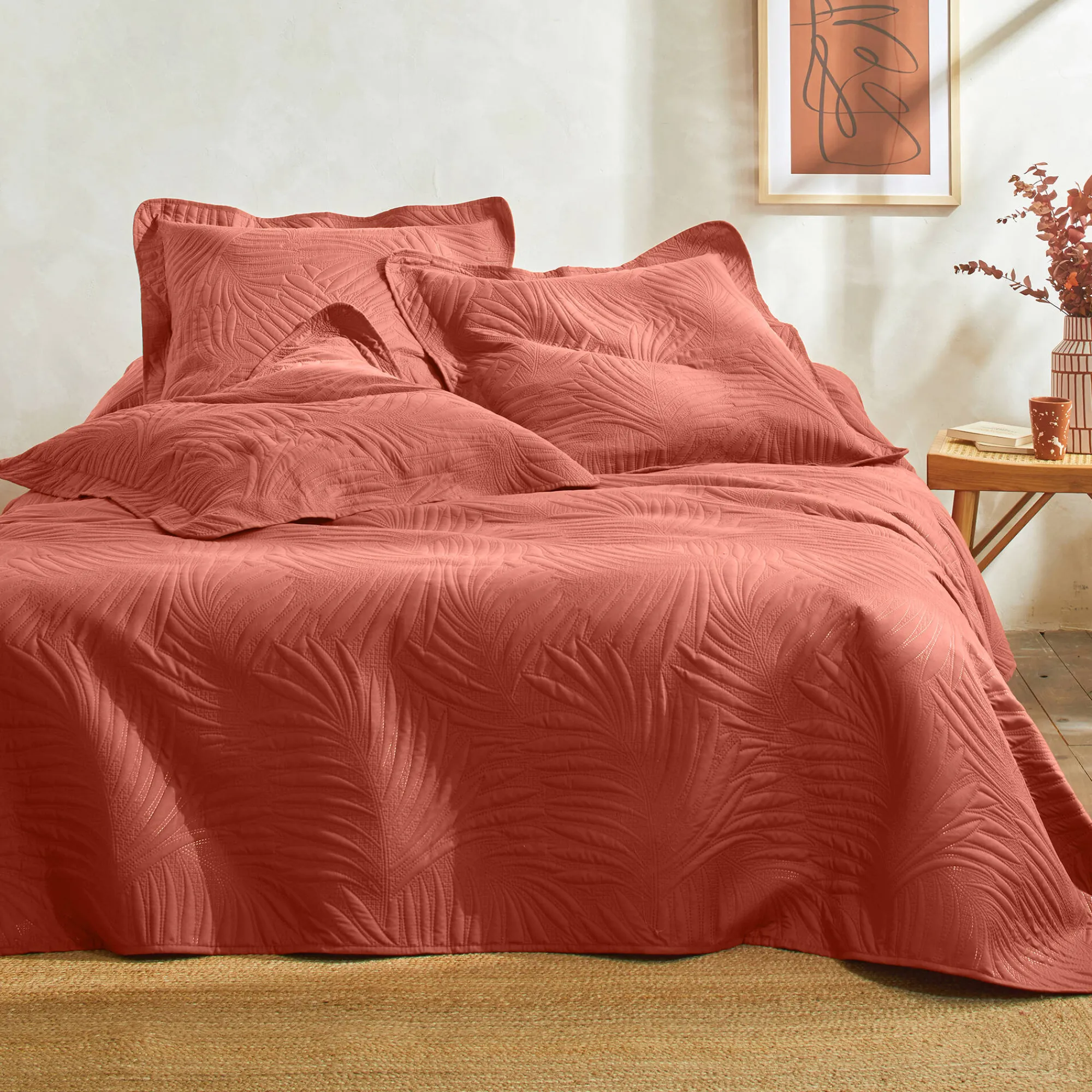 Deken En Bedsprei|Deken, Boutis En Bedsprei<Blancheporte Effen, gematelasseerd deken met 'bladeren' print in reliëf terracotta