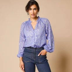 Feestoutfits Dames|Bloes En Tuniek<Blancheporte Effen hemd in voile, zilverkleurig opdruk iris