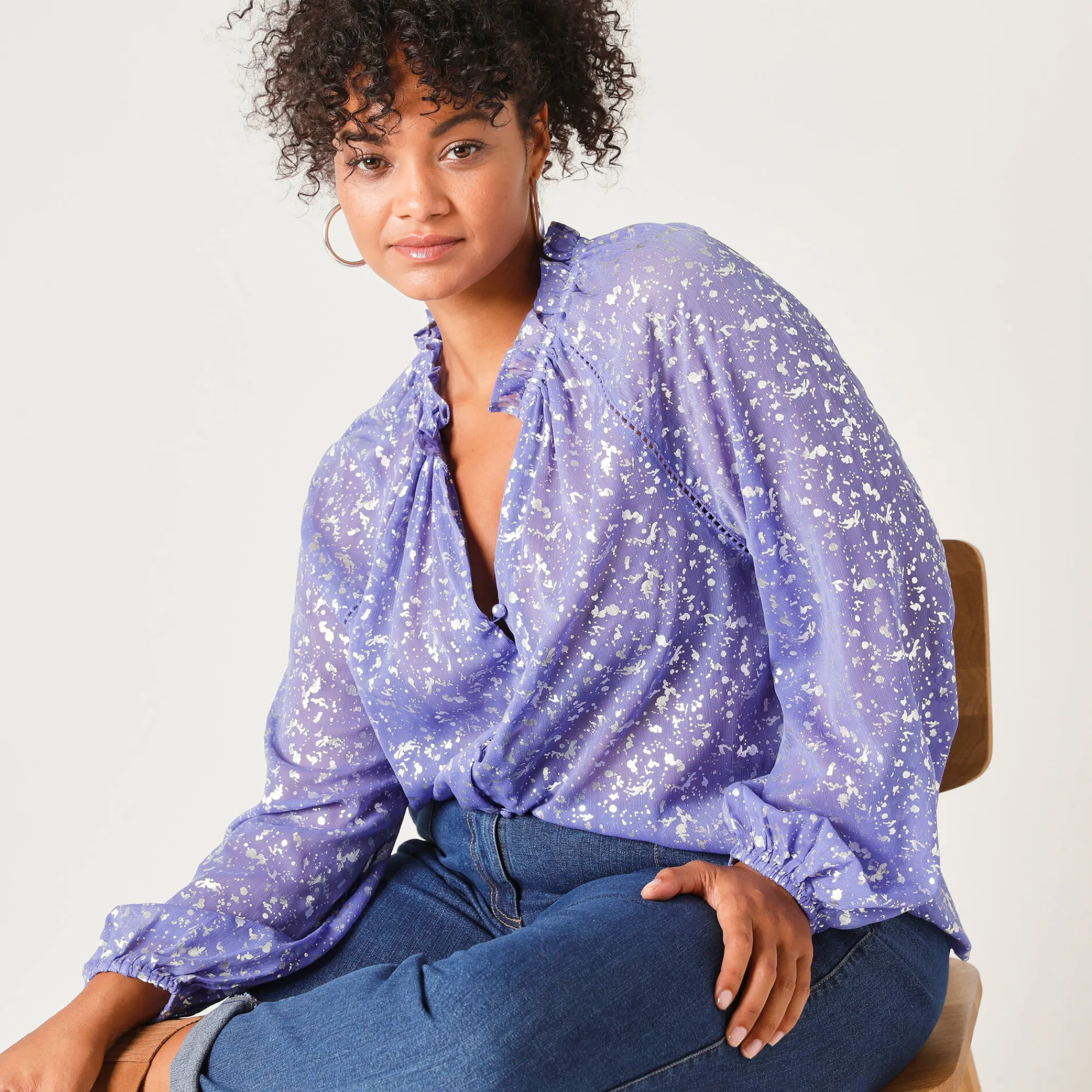 Feestoutfits Dames|Bloes En Tuniek<Blancheporte Effen hemd in voile, zilverkleurig opdruk iris