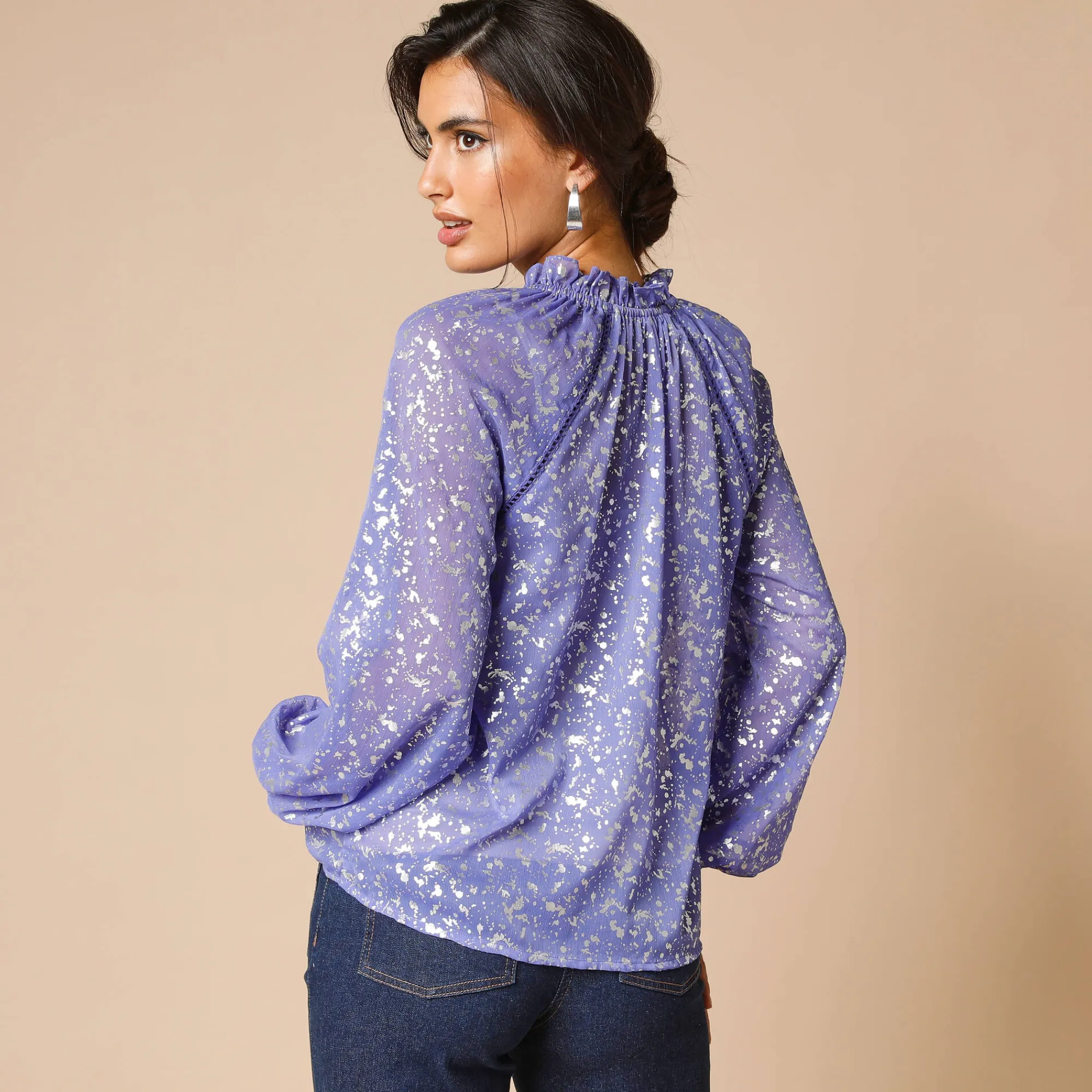 Feestoutfits Dames|Bloes En Tuniek<Blancheporte Effen hemd in voile, zilverkleurig opdruk iris