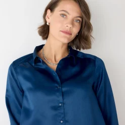 Feestoutfits Dames|Bloes En Tuniek<Blancheporte Effen hemd met ruim volume, satijn nachtblauw