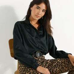 Feestoutfits Dames|Bloes En Tuniek<Blancheporte Effen hemd met ruim volume, satijn zwart