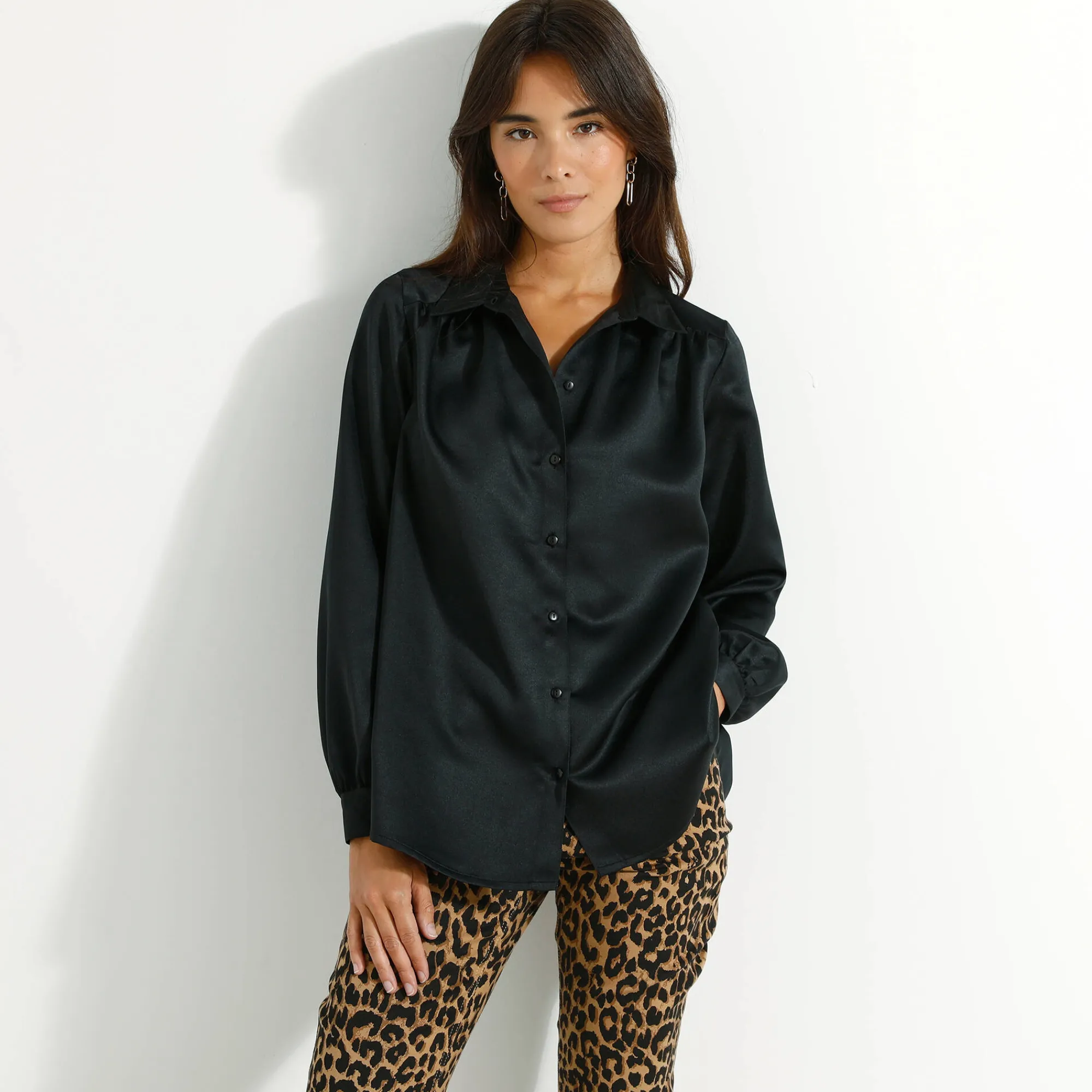 Feestoutfits Dames|Bloes En Tuniek<Blancheporte Effen hemd met ruim volume, satijn zwart