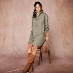 Jurk<Blancheporte Effen hemdjurk, lange mouwen kaki