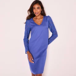 Feestoutfits Dames|Jurk<Blancheporte Effen hoesjurk, mouwen in kant felblauw